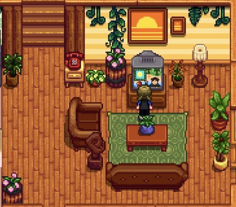 Stardew Valley Small Farm, Stardew Valley House Interior 1st Upgrade, Stardew Mountain Farm Layout, Stardew Valley Southern Room Design, Cute Stardew Valley Outfits No Mods, Stardew Valley Tea Room, Stardew Living Room Ideas, Stardew Valley Living Room Ideas, Stardew Living Room