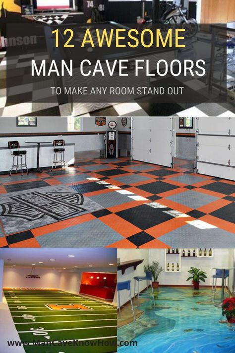 15 awesome man cave flooring ideas for indoors and outdoors. Walk in style on these amazing man cave floors. #mancave #mancaveflooring #mancavefloorideas Cool Garage Ideas Man Cave Stuff, Man Cave Flooring, Man Cave Flooring Ideas, Ikea Flooring, Mom Cave Ideas, Small Man Cave Ideas, Football Man Cave, Man Cave Shop, Small Man Cave