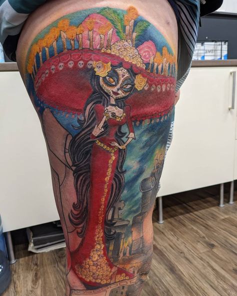 Book Of Life La Muerte, Empire Tattoo, Ghost Tattoo, Gold Tattoo, Sugar Skull Tattoos, Life Cover, Cover Up Tattoo, New Project, Tattoo Shop