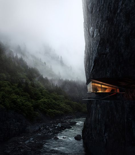 House in the crevice of a cliff overlooking river (On the Edge by K2 Visual) Cliff House, Dieter Rams, House Architecture Design, House Goals, Design Case, Amazing Architecture, Living Design, Future House, Modern Architecture