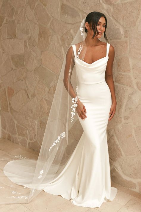 Grace | Crepe Fit & Flare Wedding Dress Square Front Wedding Dress, Vintage Chic Wedding Dress, Simple Wedding Dress Dramatic Veil, Wedding Bodycon Dress, Wedding Dresses Simple Off Shoulder, Crepe Satin Wedding Dress, Column Style Wedding Dress, Romantic Fit And Flare Wedding Dress, Satin Timeless Wedding Dress