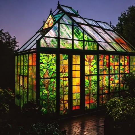 a greenhouse with stained glass windows and bookshelves under a bright full moon Sculpture Diy Easy, Garden Sculpture Diy, Contemporary Greenhouses, Glass Green House, Modern Yard, Window Greenhouse, Victorian Greenhouses, Glass Conservatory, Sculpture Diy