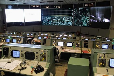 The restored Apollo mission control room at the Johnson Space Center. Apollo Space Program, Johnson Space Center, Apollo 11 Mission, Apollo Program, Shaw Flooring, Nasa Missions, Mission Control, Control Room, Apollo Missions