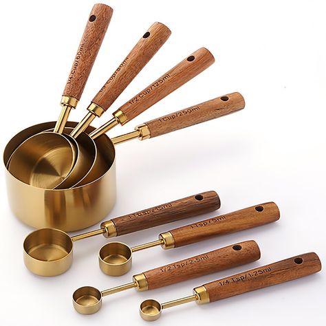 PRICES MAY VARY. 1. HIGH QUALITY DURABLE AND STURDY: This gorgeous measuring cups and spoons set is made of premium high quality 18/8 food grade stainless steel with gold polish finish which means it will never rust 2. 8 PIECES SET INCLUDED: This measuring set includes 4 size measuring cups: 1 CUP-250ML, 1/2 CUP-125ML, 1/3 CUP-80ML, 1/4 CUP-60ML. 4 Measuring spoons: 1tbsp-15ml, 1tsp-5ml, 1/2 tsp-2.5ml, 1/4 tsp-1.25ml 3. COMPACT & EASY TO STORAGE: Our measuring cups and spoons set nest perfectly Gold Measuring Cups, Measuring Flour, Spice Spoon, Stainless Steel Measuring Cups, Measuring Cups And Spoons, Stainless Kitchen, Measuring Cups & Spoons, Measuring Cups Set, Wood Handles