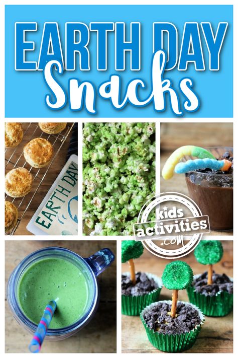 Text: Earth Day Snacks - Kids Activities Blog - 5 pictures in a collage including green smoothie, tree cupcakes, dirt cups, green popcorn and more Earth Day Popcorn, Earth Day Treats For Kids, Earth Day Snacks For Kids, Earth Day Snacks, Earth Day Treats, Green Popcorn, Earth Day Celebration, Theme Snack, Dirt Pudding