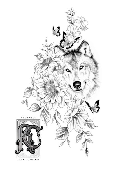 Floral Wolf Tattoo, Foral Tattoo, Wildlife Sketches, Husky Tattoo, P Tattoo, Animal Tattoo Ideas, Couple Tattoos Unique, Tattoo Zeichnungen, Tattoo Feminina