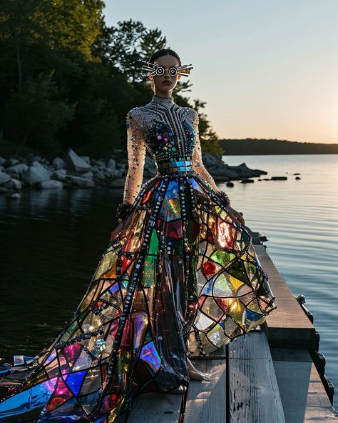 Alexandra Paras | Did someone say stained glass clothing? No? Well you guys are getting it anyway! I have about 40 looks and choosing just 10 for this was a… | Instagram Architecture Dress Design, Clothes Out Of Trash, Stain Glass Dress, Stained Glass Costume, Stained Glass Clothes, Stained Glass Clothing, Stained Glass Fashion, Glass Outfit, Glass Dresses