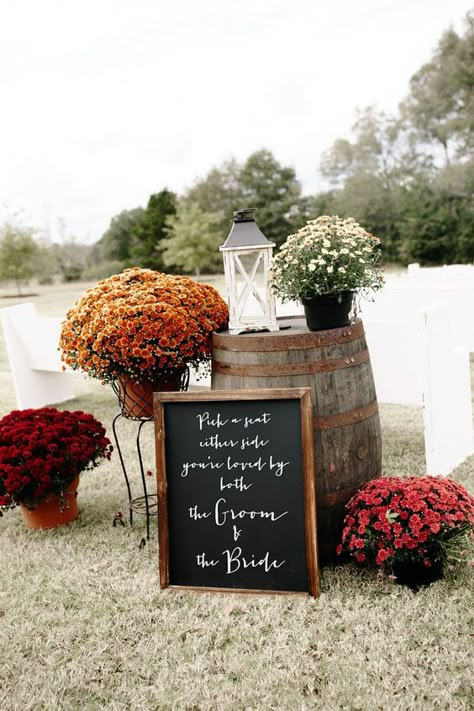 Fall Wedding Mums, Wedding Mums, Fall Wedding Ceremony Decorations, Gazebo Wedding Decorations, Fall Wedding Ceremony, Barrel Wedding, Wedding Reception Table Decorations, Gazebo Wedding, Whisky Barrel