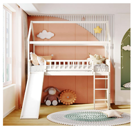 House Shaped Solid Pine Wood Bed Frame w/Safety Guardrail & Ladder, Save Space Design for Kids, Teens, Girls, Boys, No Box Spring Needed, Wood material, Comes in White, Dark Expresso, Grey #Kids #Teens #Gift #bed #slide #Amazon #Amazonfindz Slide House, Loft Bed With Slide, Loft Bed Frame, Twin Size Loft Bed, House Loft, Twin Loft Bed, Bed With Slide, Twin Mattress Size, Wood Bed Frame