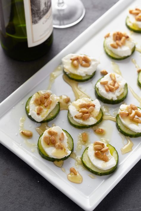 Cucumbers with Goat Cheese, Pine Nuts, and Honey #cucumbers #goatcheese #honey #oliveoil #pinenuts Cucumber Goat Cheese Appetizer, What To Pair With Goat Cheese, Goat Cheese Cucumber, Cucumber Goat Cheese, Goat Cheese Appetizer, Hungry Eyes, Sweet Savory Recipes, Goat Cheese Recipes, Kitchen Fun