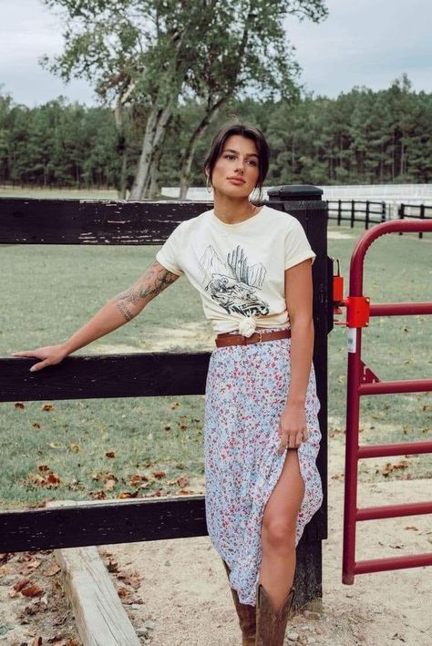 Dress With Cowboy Boots Outfit, Pasture Photoshoot, Desert Graphic Design, Skirt And Cowboy Boots Outfit, Skirt And Boots Outfit, Dress With Cowboy Boots, Desert Graphic, Outfit Cowboy, Floral Skirt Outfits