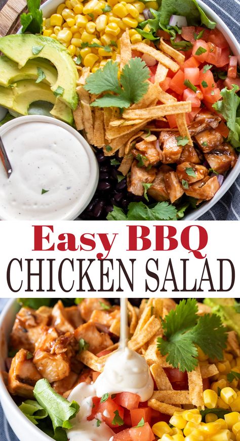 Overhead of BBQ chicken salad and another shot pouring dressing onto panera salad. Chicken Salad Panera, Panera Bbq Chicken Salad, Panera Salad, Panera Copycat, Bbq Chicken Wraps, Easy Bbq Chicken, Slow Cooker Chicken Tacos, Bbq Salads, Bbq Chicken Salad