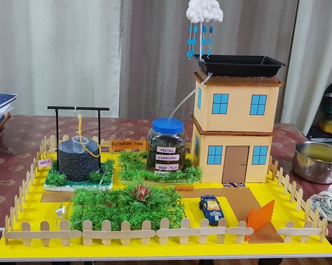 Science project# Rainwater harvesting # working model- #k  rays  group Water Harvesting Ideas, Rainwater Harvesting Model, Science Working Models, Backyard Science, Science Exhibition Ideas, Science Project Models, Science Exhibition Projects, School Science Projects, Water Harvesting