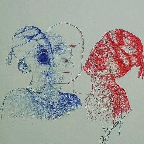 Abstract portrait Red And Blue Pen Art, Red And Blue Drawing, Abstract Portrait Drawing, Drawing Feelings, Hatch Drawing, Blue Drawings, Blue Pen, Portfolio Inspiration, Gcse Art