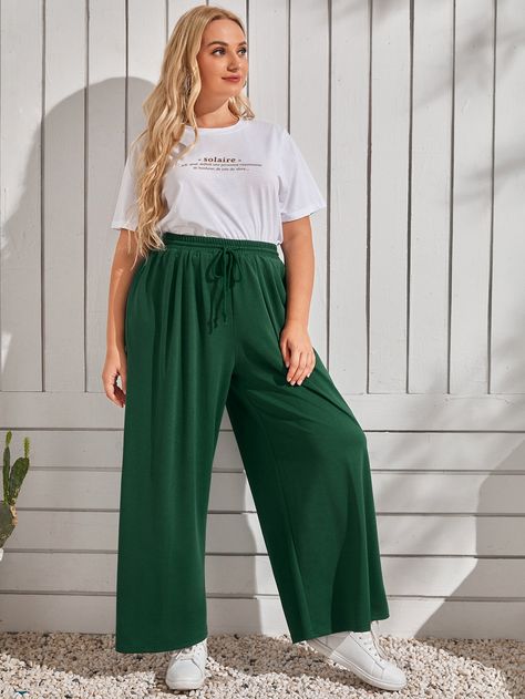 Plus Solid Drawstring Wide Leg Pants | SHEIN USA Pallazo Pants Outfit Ideas Plus Size, Plus Size Flowy Pants, Green Loose Pants Outfits, Palazzo Pants Outfit Plus Size, Plus Size Palazzo Pants Outfit, Pallazo Pants Outfit, Wide Leg Pants Outfit Plus Size, Plus Size Wide Leg Pants Outfit, Vietnam Outfits