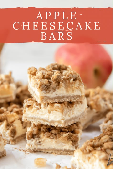 Apple cheesecake bars are layers of shortbread crust, cheesecake filling, sliced apples and cinnamon streusel topping. This dessert recipe is perfect for fall! Shortbread Crust Cheesecake, Easy Apple Cheesecake, Best Bar Recipes, Baked Apple Cheesecake, Apple Pie Cheesecake Bars, Streusel Topping Recipe, Best Apple Desserts, Cinnamon Streusel Topping, Apple Cheesecake Bars