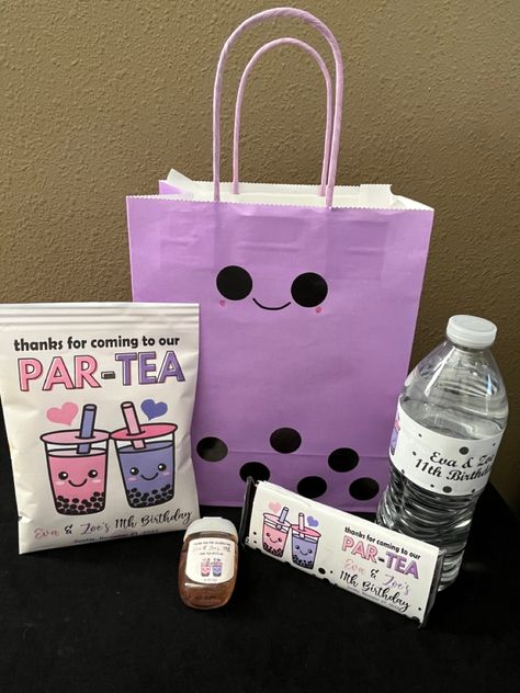 Boba giftbag, Personalized chip bags, Personalized candy bar wrapper, Personalized wayer bottle label and Personalized hand sanitizer label Boba Birthday Party, Boba Accessories, Personalized Chip Bags, Birthday Pinterest, Hand Sanitizer Label, Boba Bar, Twins Party, Gift Bag Ideas, Personalized Candy Bar Wrapper