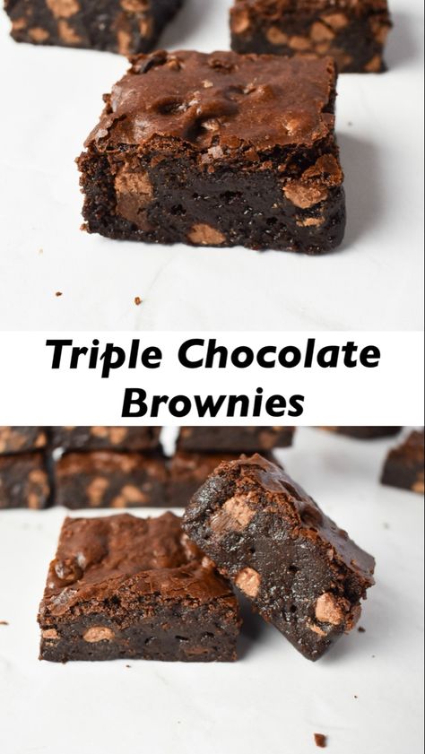 Triple Chocolate Brownies, Brownies From Scratch, Eating Alone, Good Eat, Triple Chocolate, Fudgy Brownies, Milk Chocolate Chips, Baking Tins, Dark Chocolate Chips