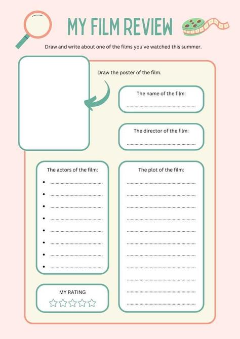 My Film Review Fun Writing Worksheet Film Review, Writing Worksheets, Worksheet Template, Cool Writing, Pink Beige, English Lessons, Pictures To Draw, Writing, Film