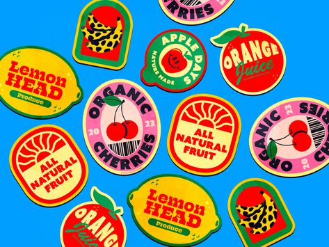 Fruit stickers by Tyler Pate on Dribbble Fruit Stickers, Fruit Labels, Fruit Logo, Sticker Design Inspiration, Fruit Packaging, Stickers Design, Brand Stickers, Fruit Illustration, Food Stickers