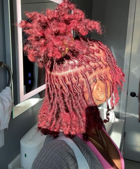 Burgundy Dreadlocks Black Women, Strawberry Shortcake Locs, Red And Ginger Locs, Dark Red Hair Color Burgundy Wine, Red Locs Hairstyles, Red Distressed Locs, Maroon Locs, Cherry Red Locs, Red And Black Locs