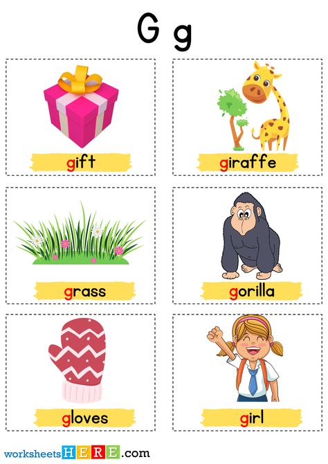 Things That Start With G Letter with Pictures, Alphabet G Words Examples - WorksheetsHere.com G Words Letter Dp, The Letter G Preschool, G Flashcards, Letter G Words, G Words For Kids, Letter With Pictures, Soft G Words, Letter Pictures, G Alphabet