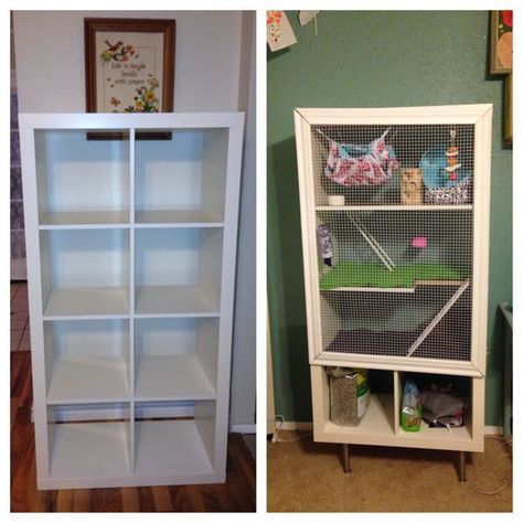 DIY Ikea Hack: Bookshelf turned into rat mansion/cage! inspired by Makemoore blog. #petratsarecool: Pet Rat Cages, Rat Cage Accessories, Hedgehog Cage, Diy Guinea Pig Cage, Rat House, Hamster Diy, Chinchilla Cage, Ferret Cage, Diy Bookshelf