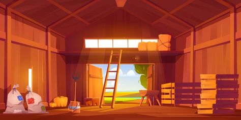 Barn on farm with harvest, straw and hay | Free Vector #Freepik #freevector #background #wood #house #building Straw And Hay, Truck House, House Cartoon, Mlp Oc, Loft Ladder, Countryside Landscape, Yellow Tree, Outdoor Sheds, Farm Scene