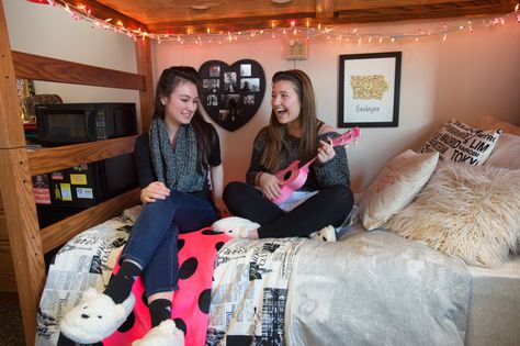 Got the bottom bunk? Create a comfy little haven using lights and plenty of pillows like these roomies did in Currier Hall! Freshman Dorm, Bottom Bunk, Dorm Sweet Dorm, Residence Hall, Dorm Decorations, Dorm Room, Bean Bag Chair