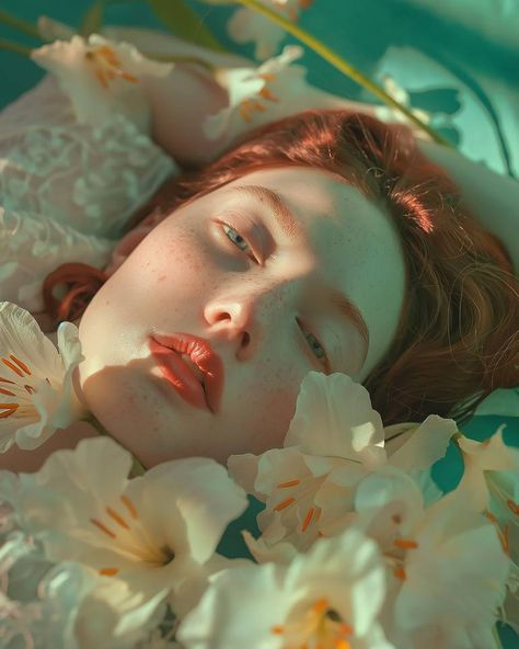 Laying In Flowers, Redhead Photography, Drawing Model, Close Up Portrait, Flower Bath, Close Up Portraits, Contemporary Photographers, Face Photography, Model Drawing