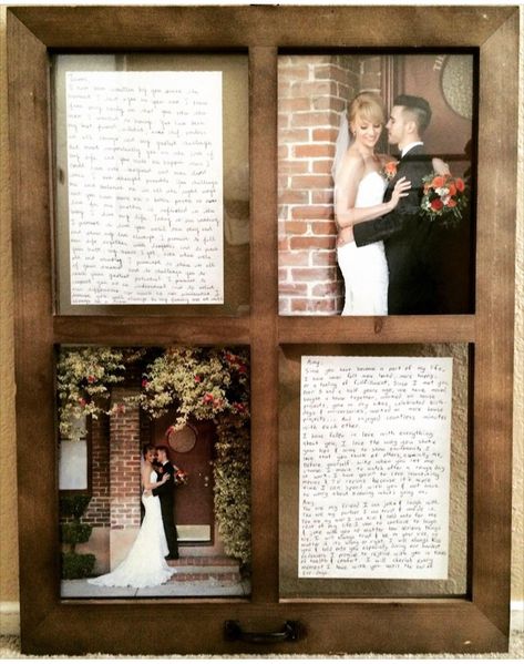 Handwritten vows and wedding pictures in a window frame Wedding Pictures Display, Handwritten Vows, Wedding Vow Art, Wedding Photo Display, Wedding Shadow Box, Honey Wedding Favors, Creative Wedding Favors, Inexpensive Wedding Favors, Elegant Wedding Favors