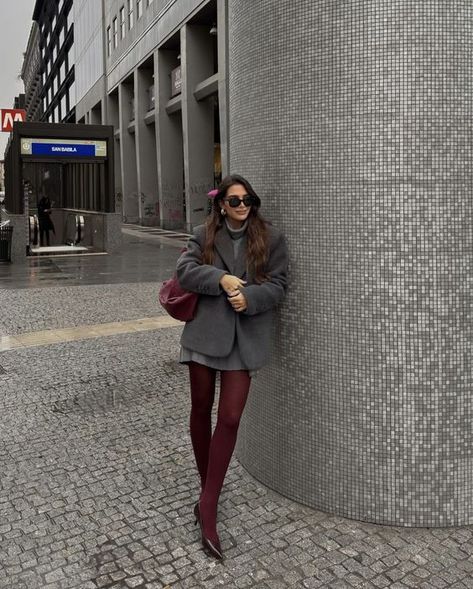 burgundy outfit, burgundy outfit ideas, maroon outfit, trendy fall outfits, burgundy tights Merlot Boots Outfit, Cherry Tights Outfit, Cherry Style Outfit, Burgundy Boots Outfit Winter, Brown And Burgundy Outfit, Burgundy Aesthetic Outfit, Burgundy Outfit Aesthetic, Burgundy Tights Outfit, Burgundy Aesthetic