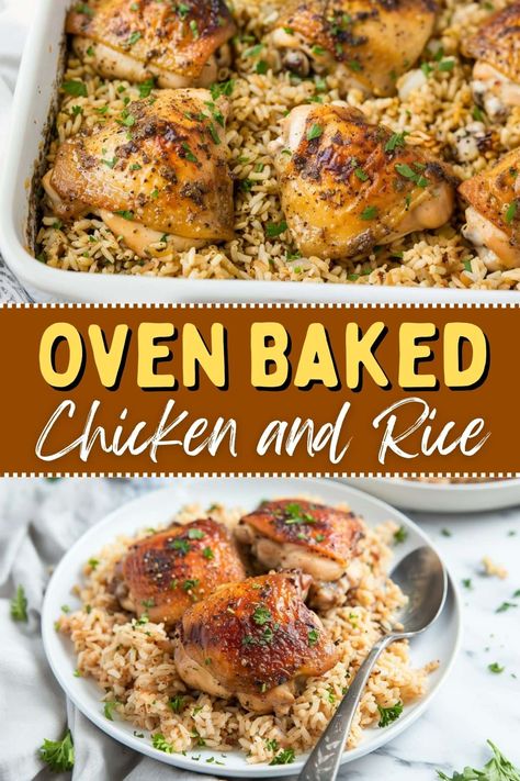 This one-pan oven-baked chicken and rice is comfort food at its best! It's an easy, satisfying, flavorful meal the entire family will love. Oven Baked Chicken And Rice, Chicken Breast Casserole Recipes, Baked Chicken And Rice, Chicken Breast Casserole, Chicken And Rice Recipe, Chicken And Rice Casserole, Oven Chicken, Oven Baked Chicken, Chicken And Rice