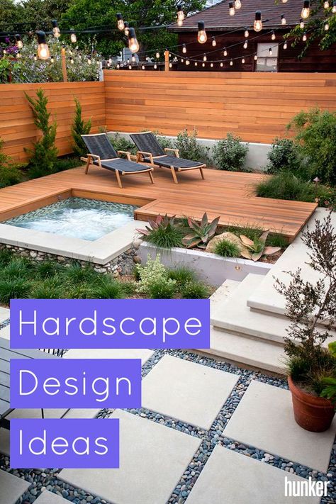 Landscaping Small Backyards On A Budget, Family Landscape Design, Aerial Backyard Design, Patio Hardscaping Ideas, Small Backyard Modern Landscaping, Backyard Hardscaping Ideas, Small Hardscape Backyard, Odd Shaped Backyard Ideas, Desert Hardscape Ideas