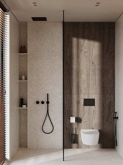 Bath And Bedroom Together, Bathroom Light Wood Floor, Small House Modern Interior, Clean House Interior, Wood Decor Bathroom, Bathroom Design Ideas Modern, Modern Wood Bathroom, Bathroom Ideas With Bath, Wood Floor Bathroom