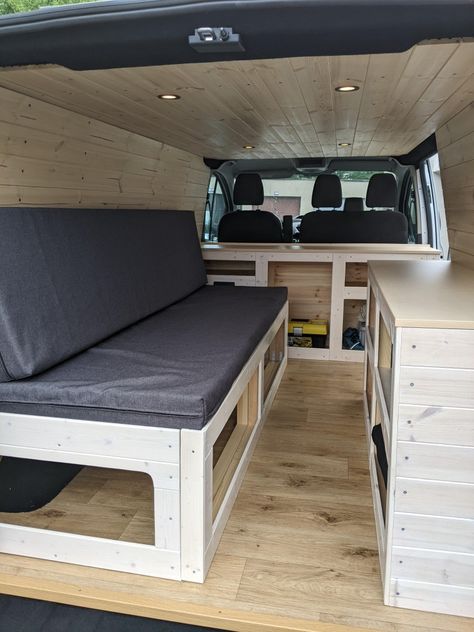 Easy DIY camper van interior in my Ford transit custom. Still missing cabinet doors. Ford Custom Van, Ford Transit Custom Camper, Custom Van Interior, Camper Van Interior, Diy Camper Van, Ford Transit Custom, Custom Campers, Day Van, Transit Custom