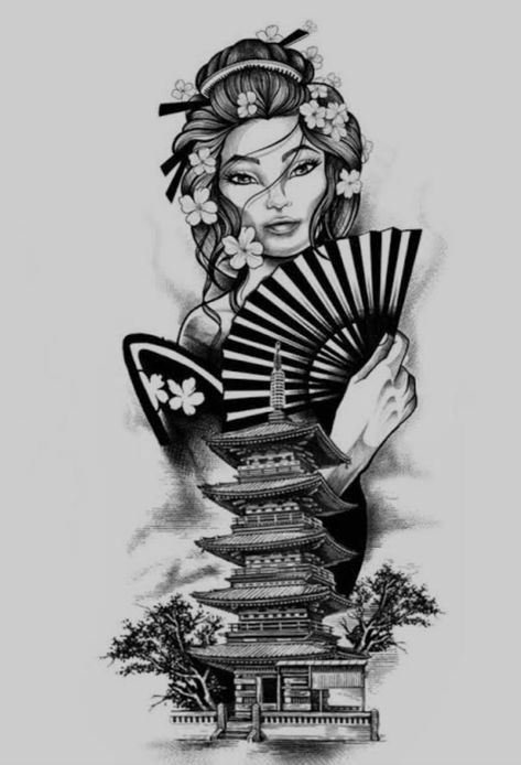 Geisha Tattoo Sleeve, Female Samurai Tattoo, Japanese Temple Tattoo, Japanese Geisha Tattoo, Japanese Leg Tattoo, Geisha Tattoo Design, Temple Tattoo, Tattoo Japanese Style, Full Leg Tattoos