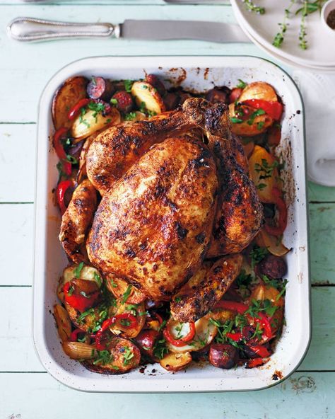 You can’t go wrong with roast chicken, but when it incorporates the glorious colours and flavours of chorizo and fresh peppers, it raises the bar. Chicken With Potatoes, Perfect Roast Chicken, Roasted Chicken And Potatoes, Delicious Magazine, Roast Chicken Recipes, Roast Dinner, Chicken Potatoes, Peppers Recipes, Roast Recipes