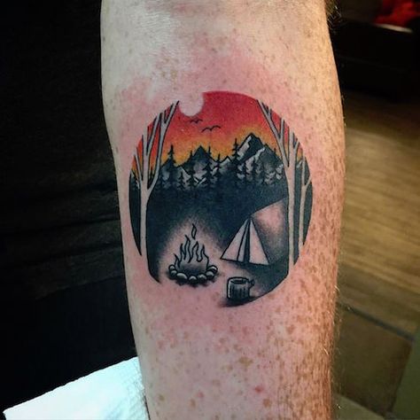 15 BEST CAMPING THEMED TATTOOS | Tattoo.com Camping Tatoo, Camping Tattoo, Lotr Tattoo, Man Back, Themed Tattoos, Bike Tattoos, Circle Tattoo, Landscape Tattoo, Theme Tattoo