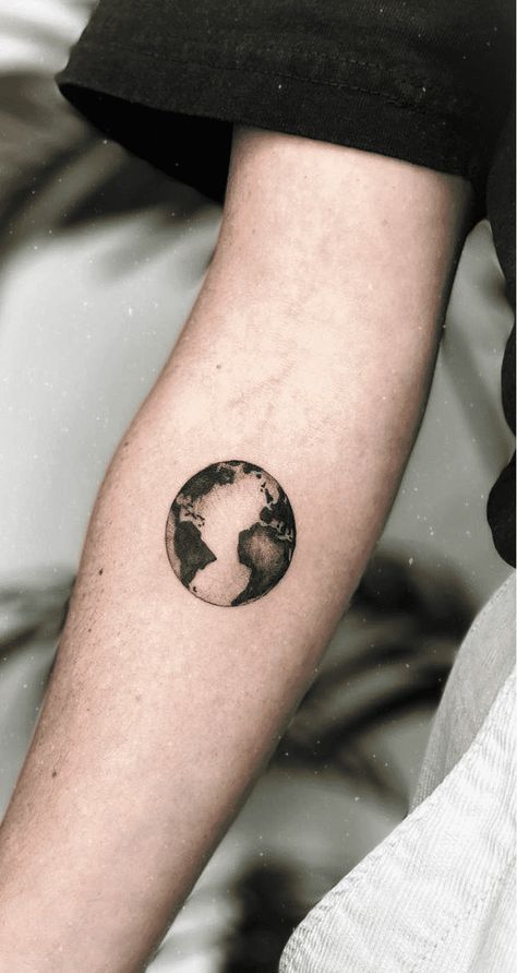 Earth Shoulder Tattoo, Earth Arm Tattoo, Earth Outline Tattoo, Black And White Earth Tattoo, Earth Geometric Tattoo, Earth Tattoo, Tattoo Designs, Tattoos, Design