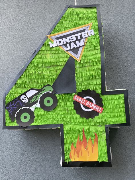 Monster Truck Pinata Diy, Monster Jam Pinata, Monster Truck Pinata, Monster Jam Party Decorations, Monster Truck Theme Birthday Party, Hot Wheels Themed Birthday Party, Monster Jam Birthday Party, Monster Jam Birthday, Monster Jam Party