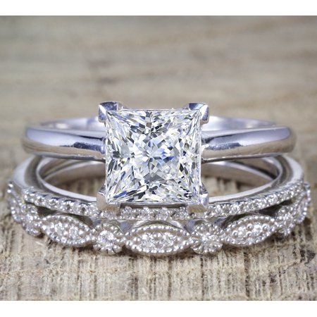 2 Carat Princess Wedding Ring Set - Bridal Set - Wedding Trio Set - Engagement Ring - Art Deco Ring - Promise Ring - Sterling Silver Image 1 of 4 Princess Wedding Rings, Trio Ring, Princess Cut Moissanite, Art Deco Wedding Band, Ring Inspo, Future Wedding Plans, Dream Engagement, Dream Engagement Rings, Art Deco Engagement Ring