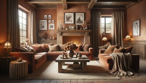 terracotta living room with brown accent colors Accent Colors For Terracotta, What Colours Go With Terracotta, Rust Living Room Walls, Terracotta Walls Living Room, Terracotta Tiles Living Room, Terra Cotta Living Room, Terracotta Interior Design, Terracotta Living Room, Tan Furniture