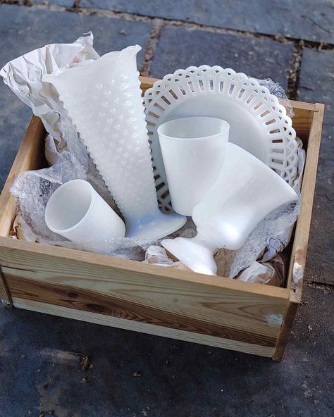 Scroll to bottom for kitchen org Milk Glass Display, Rolling Pin Display, Can Upcycle, Milk Glass Decor, Milk Glass Collection, Refinishing Furniture Diy, Flea Market Decorating, Flea Market Flip, Thrift Store Furniture