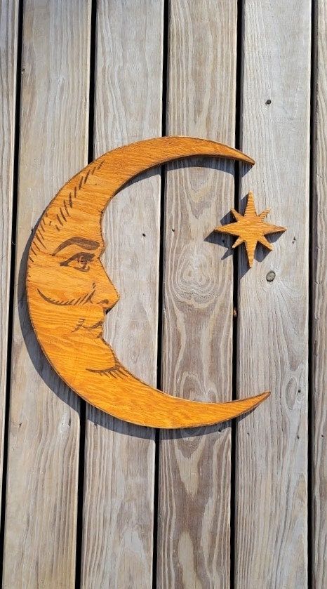 Sun And Moon Wedding Decor, Whimsical Wall Decor, Diy Moon Decor, Witchy Aesthetic Decor, Witchy Signs, Whimsigoth Bedroom, Man In The Moon Face, Witch Home, Wooden Moon