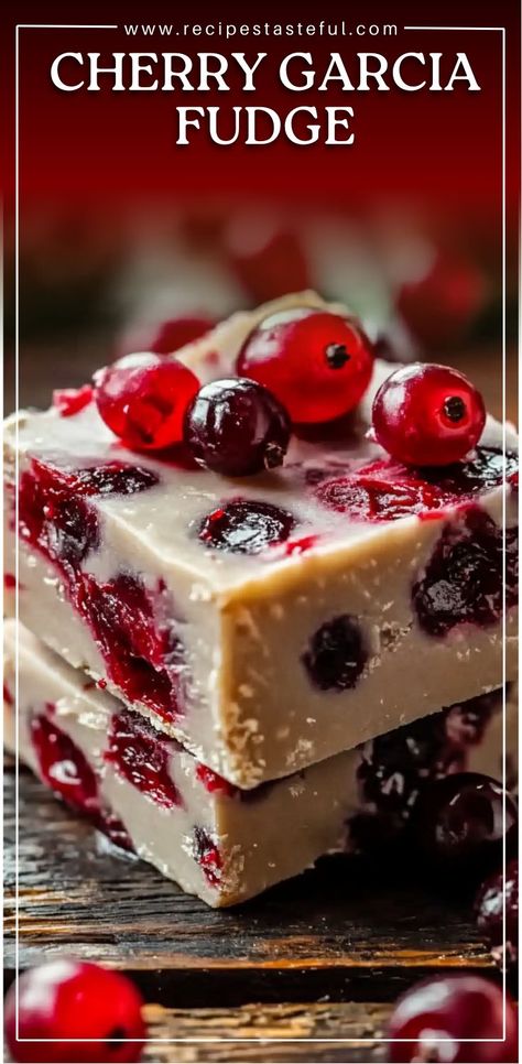 This creamy and indulgent Cherry Garcia Fudge is inspired by the popular ice cream flavor, featuring sweetened condensed milk, white chocolate, and a mix of dried and maraschino cherries, plus a hint of dark chocolate. It's the perfect treat for any cherry and chocolate lover! Cherry Fudge Recipes, Marachino Cherries, Cherry Fudge, Cherry And Chocolate, Cherry Garcia, Ice Cream Flavor, Desserts Gluten Free, Maraschino Cherries, Christmas Cookie Exchange