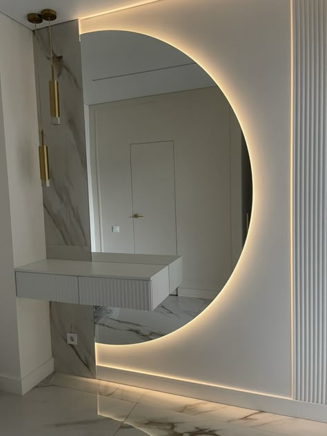 Half Mirror Wall, Moon Mirror Wall Decor, Half Circle Mirror, Dressing Table Mirror Design, Hallway Table Decor, Bathroom Redecorating, Home Entertainment Centers, Home Hall Design, Led Bathroom Mirror