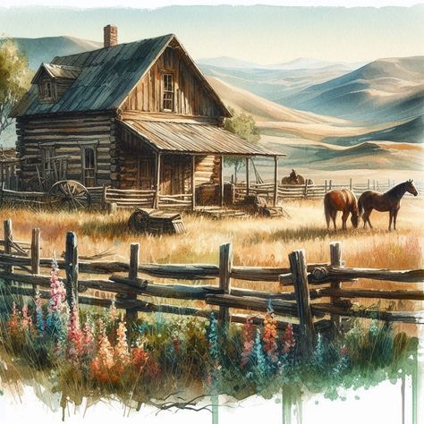 Ranch Paintings, Country Drawings, Horses Pictures, Farm Pictures, Cabin In The Mountains, Western Artwork, Barn Animals, Farm Paintings, Good Morning Friends Images