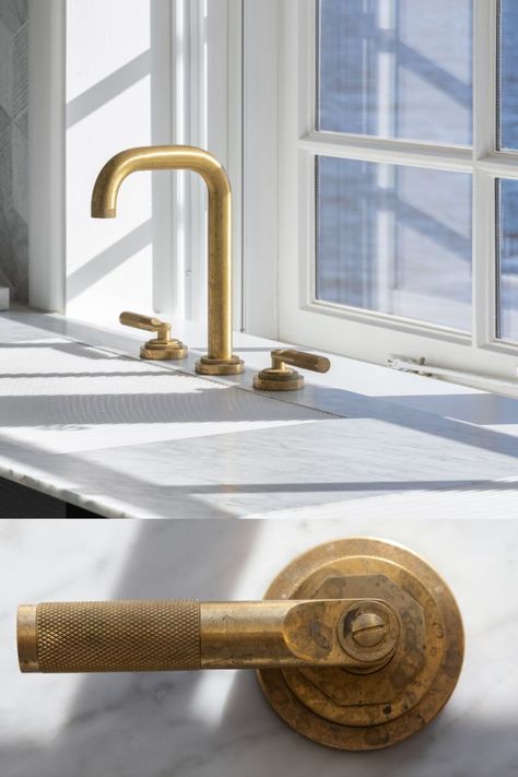 Villa Bathroom Design, Antique Brass Shower Fixtures, Rustic Bathroom Hardware, Brass Hardware Bathroom, Brass Shower Fixtures, Villa Bathroom, Industrial Faucet, Brass Bathroom Fixtures, Brass Taps