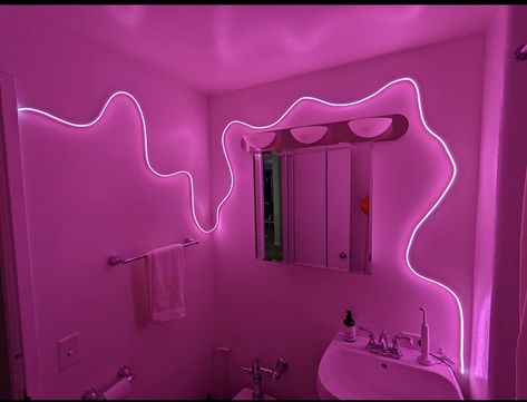 Pink neon light wiggling through bathroom Future Apartment Decor, Bedroom Deco, Room Deco, Cute Bedroom Decor, Redecorate Bedroom, Apartment Decor Inspiration, Strip Lights, Room Makeover Bedroom, Dream Room Inspiration